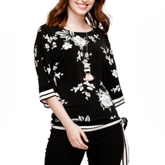 Rickis Black floral Kimono style half sleeve side knot boatneck  blouse XS - Picture 1 of 16